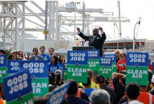 Swanson at a rally for good jobs at the Port of Oakland