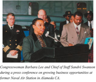 Congresswoman Barbara Lee and Chief of Staff Sandre Swanson during a press conference on growing business
                    opportunities at former Naval Air Station Alameda California